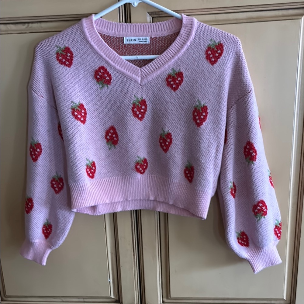 SHEIN Pink Strawberry Pattern Sweater